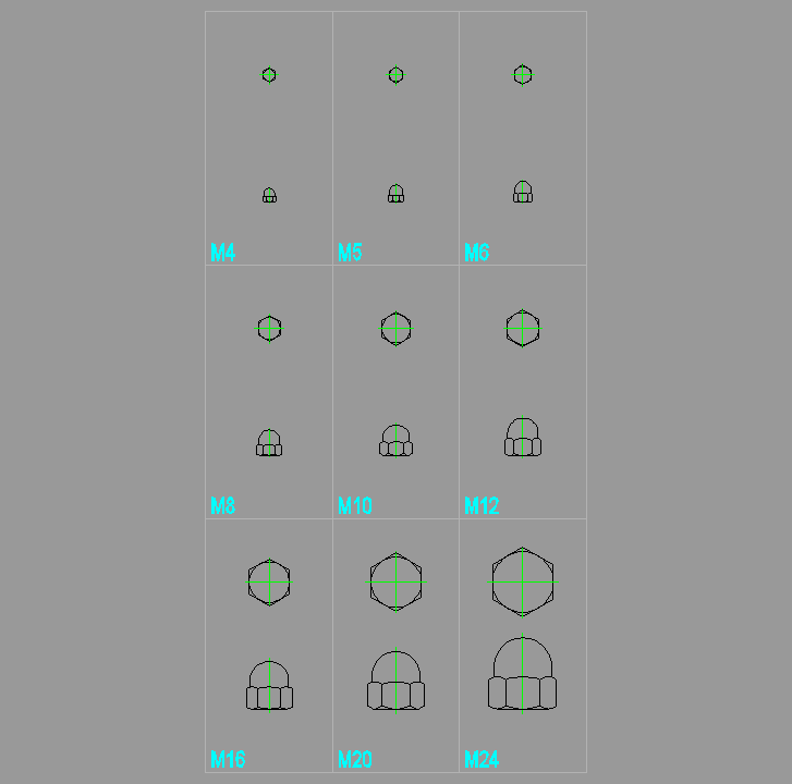Bloque Autocad Juego varias medidas de TUERCAS DIN 1587 DE SOMBRERETE
